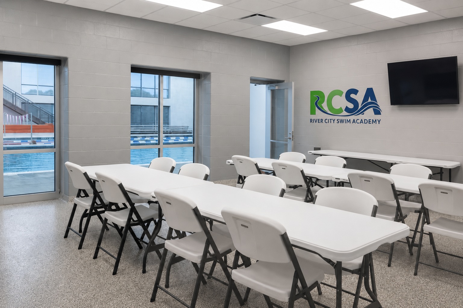 RCSA parent observation classroom with full view of pool