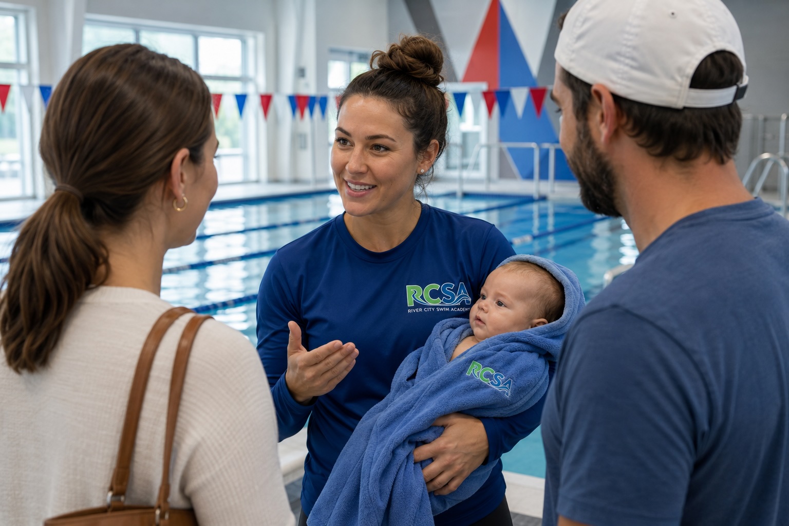 RCSA instructor debriefing with parents after swim lesson